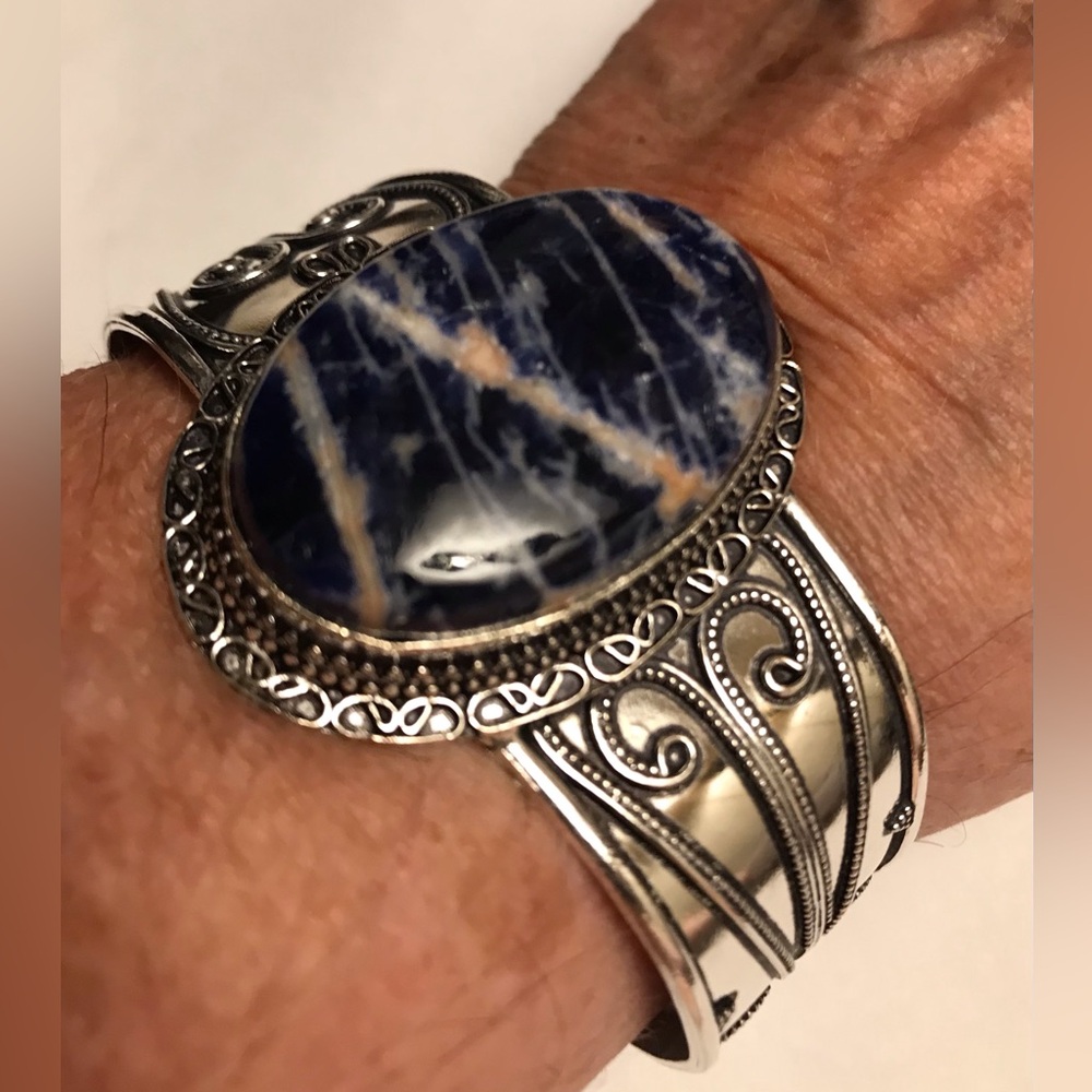 Sodalite Stamped Solid 925 Sterling Silver Cuff Bracelet